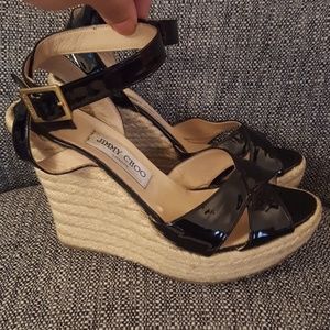 Jimmy Choo Patent Leather Wedge Espadrille Sandal